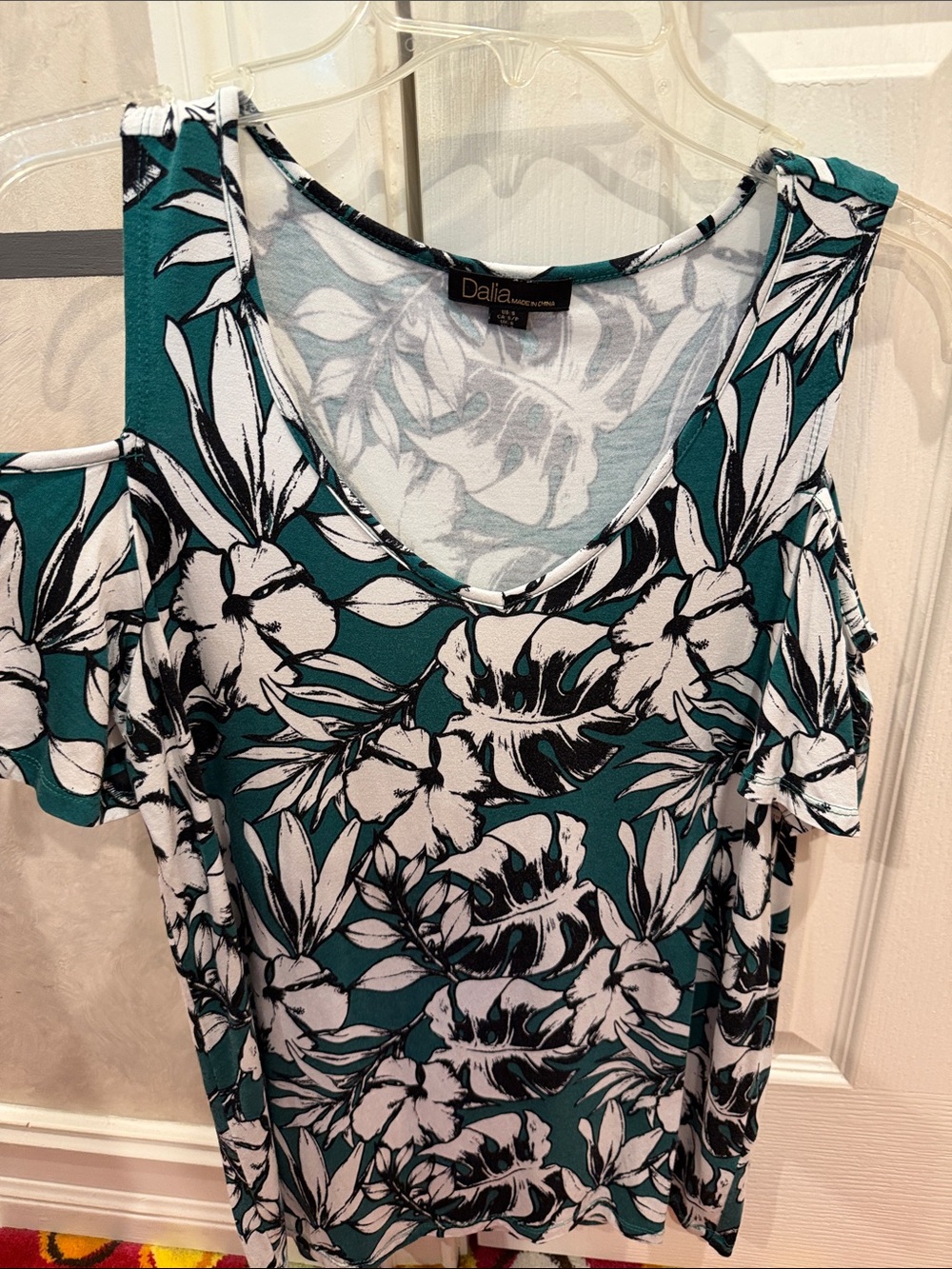Dalia Teal White and Black Floral Cold-Shoulder Tank